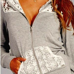 Beach Bunny Lounge Zip Hoodie S | Gray White Lace